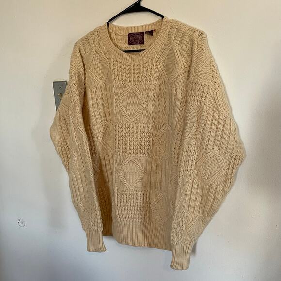 VTG Chunky Knit Fisherman Cream Sweater Men's SZ LARGE Diamond Cable Knit EUC - Picture 2 of 8